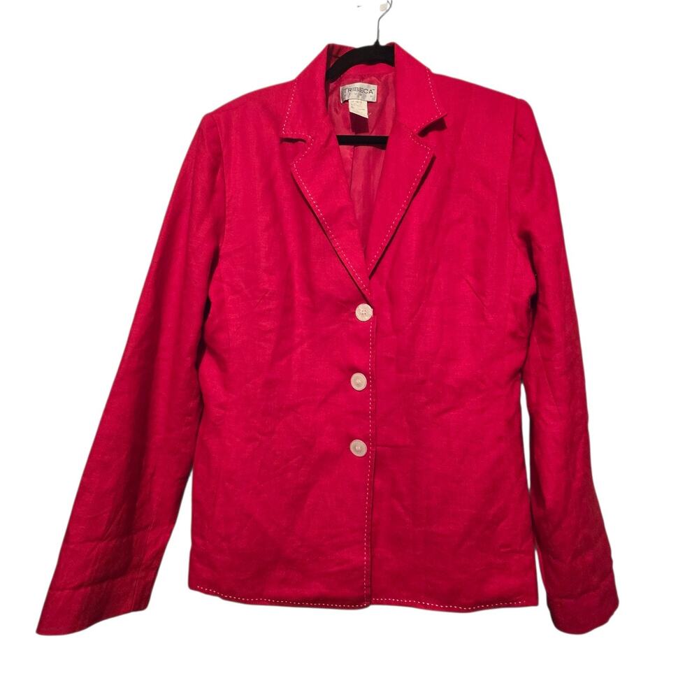Vtg Tribeca Studio 100% Linen Blazer Jacket Women Sz 12 Red Preppy Beach Coasta